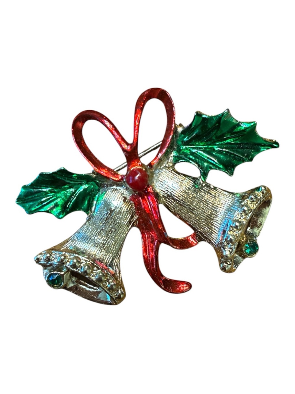 Fashion Jewelry Gold-Tone Bell Brooch with Red Bow and Green Leaves